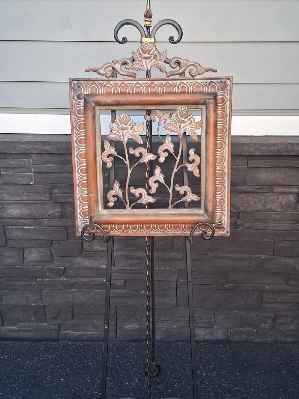 VTG XL Metal Scroll/Rose Wall Art Plaque; Solid Wood Frame;Bronze Tone 20"x24"